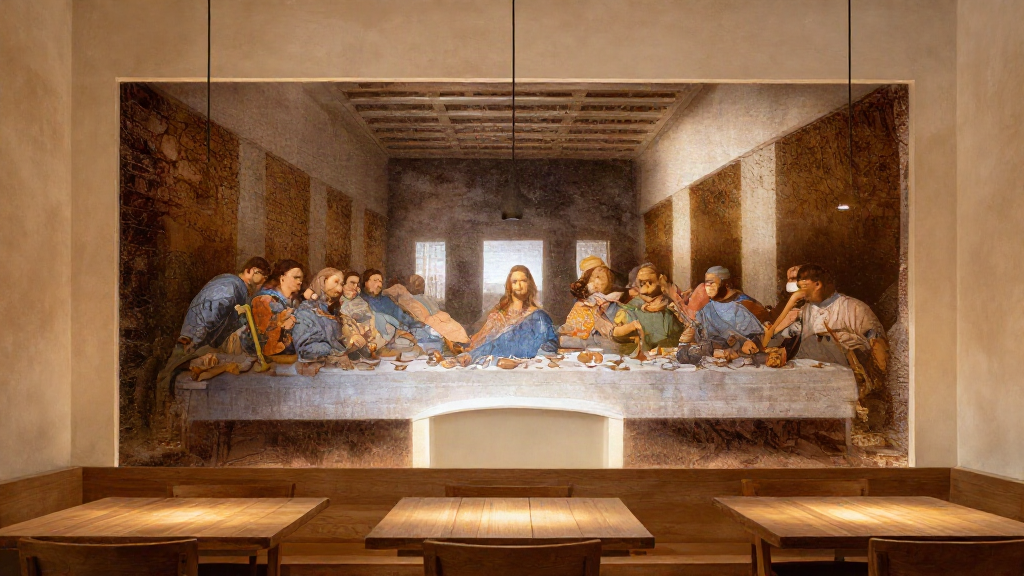 Restaurant dining room with Leonardo's Last Supper mural across the back wall