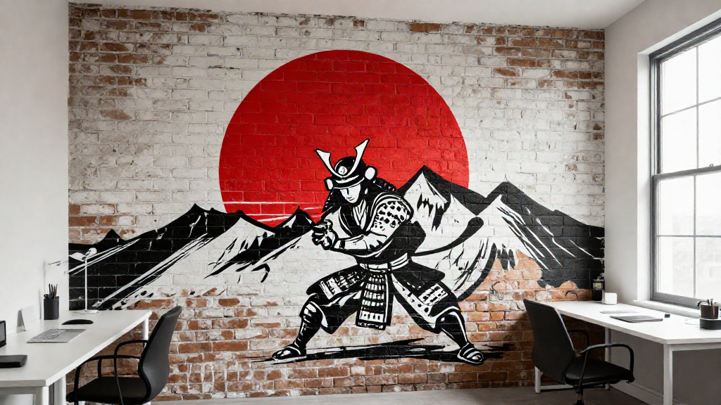 Studio office with a samurai mural and red sun on exposed brick